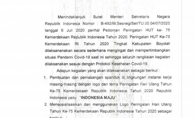 Surat Edaran Peringatan HUT KE-75 Kemerdekaan RI Tahun 2020